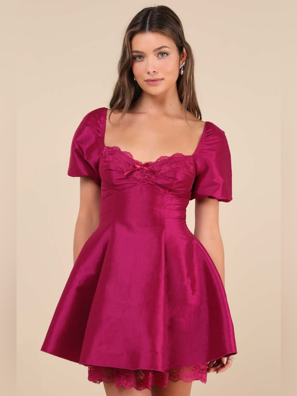 NWT Lulus Magenta Taffeta Corset Mini Dress - Puff Sleeve Lace Trim Medium